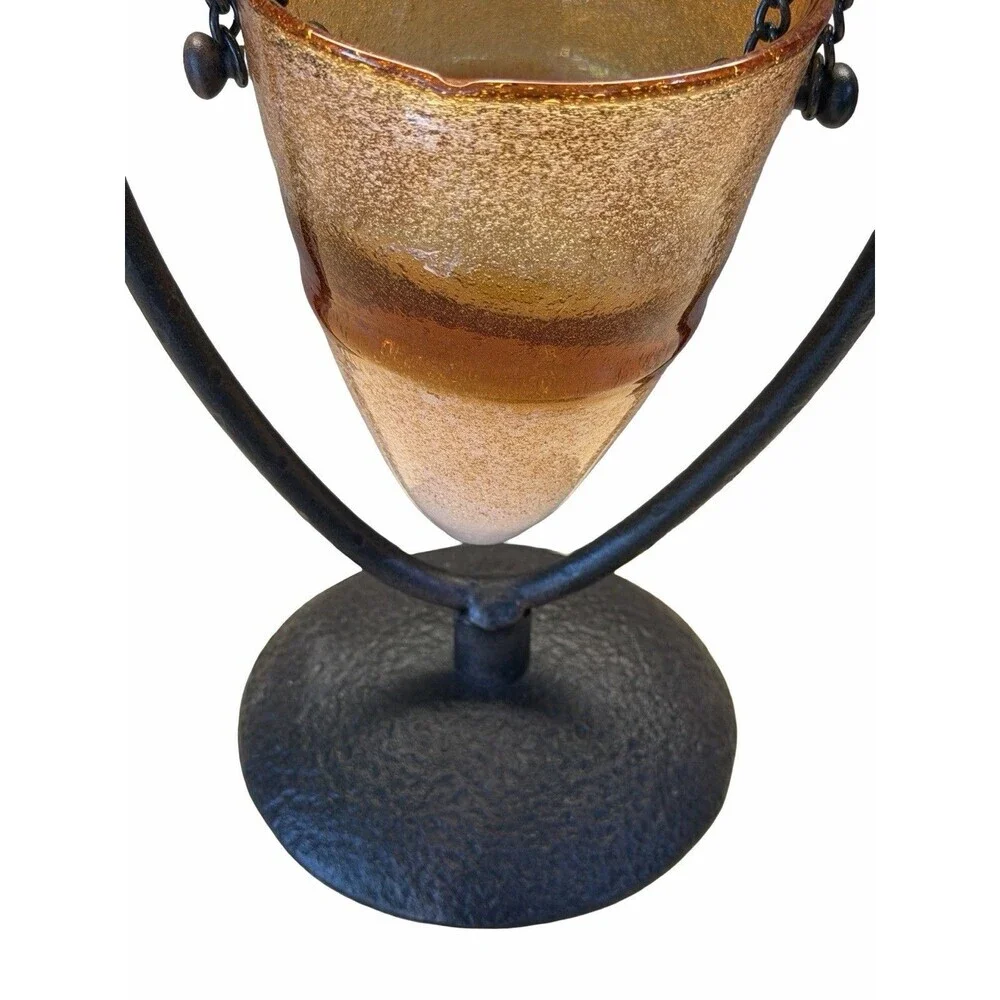 Vintage Amici Hand Blown Amber Bubble Glass Cone Vase Hanging Wrought Iron Stand